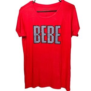 BEBE Red‎ T Shirt Graphic Glitter Logo Short Sleeve Crew Neck Top XL